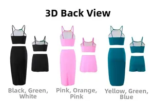 3D back view of women's three-piece swimwear featuring racerback top and matching skirt