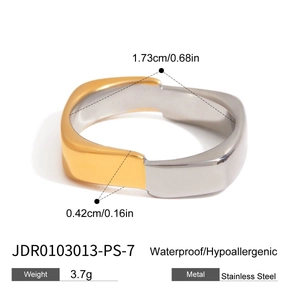 Detail view of two-tone stainless steel square ring with dimensions and weight specs