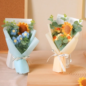 Handmade crochet sunflower and daisy bouquets in blue and beige wrapping