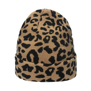 Knitted leopard print beanie with cuffed design for winter, soft jacquard acrylic material