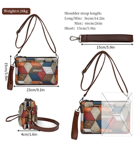 Detailed views of multi-color patchwork shoulder bag with strap and size comparison