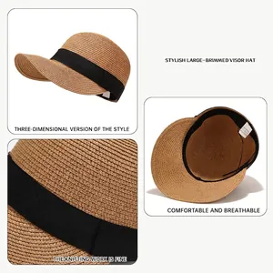 Women's woven straw equestrian style sun hat with large brim and black decorative band