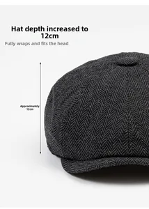 Close-up of dark grey herringbone newsboy cap showing a deep 12cm crown for a better fit