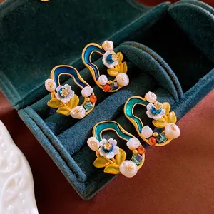 Vintage Flower Earrings With Freshwater Pearl And Enamel French Style Jewelry For Women With 925 Sterling Silver Earring Post