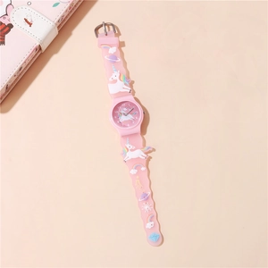 Pink unicorn kids watch with rainbow 3D silicone strap and analog dial for girls