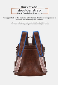 Detail of vintage brown leather backpack showing padded straps and ethnic woven webbing