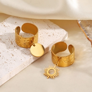 18K gold plated geometric sun and round charm open rings with hammered texture on white stone