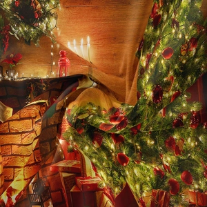 Detail of soft fabric texture featuring a festive Christmas fireplace and tree print