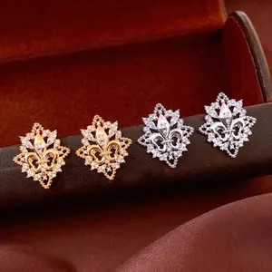 Fleur-De-Lis Stud Earrings With Silver Earring Post Copper Zircon Retro Elegant Vintage Style Jewelry For Women