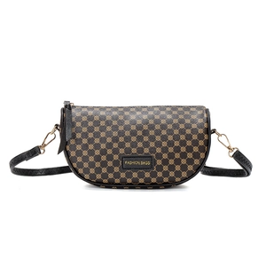Classic saddle crossbody bag with brown geometric pattern and fashion logo tag