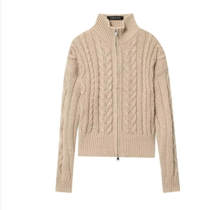 Beige cable knit zipper cardigan for women featuring a stylish high neck and long sleeves