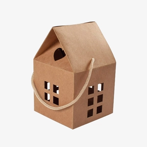 House-shaped kraft paper gift box with heart cutout and white carrying handle