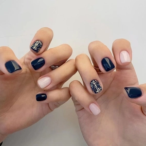 Glossy Ink Blue Starry Sky Pink Short Square Round Artificial Nails For Women Fashion Glitter Manicure Decoration
