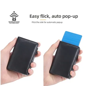 Men's RFID blocking wallet in black leather with automatic card pop-up mechanism
