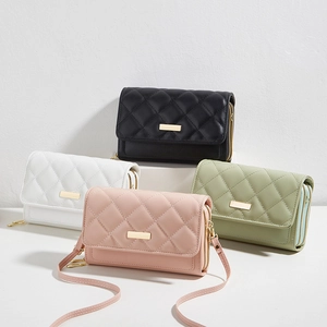 Portafoglio Lungo da Donna in Pelle PU Trapuntata Borsa a Tracolla per Cellulare Doppia Cerniera Punto a Rombo Decoro in Metallo