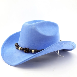 Macro detail of sky blue faux suede cowboy hat with vintage beaded band decoration