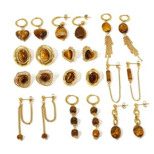 Tiger eye heart earrings set with vintage gold dangling tassel and stud styles