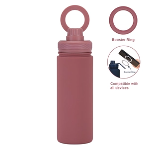 Detail of matte rose red sports bottle featuring a magnetic Booster Ring for phone attachment