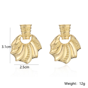 Detail view of gold-plated geometric earrings with scallop texture and 3.1x2.5cm dimensions