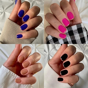 Short press-on nails in blue, magenta, nude, and black glossy solid colors set