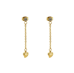 Detail of gold heart earrings featuring sparkling round zircon and elegant long tassels