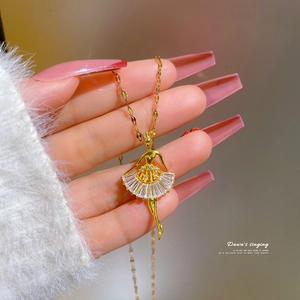 Ballet Dancer Pendant Necklace Titanium Steel With Zircon Inlaid Elegant Korean Style Jewelry For Women