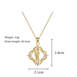 Gold religious medallion necklace with saint portrait relief and diamond border detail