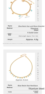 Detailed macro view of titanium star and moon necklace with blue enamel and gold finish