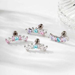 Exquisite geometric curved cartilage studs with colorful cubic zirconia in a silver finish