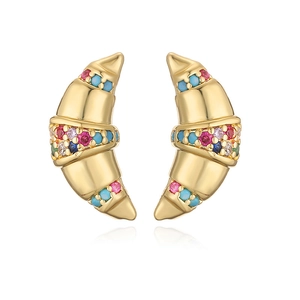 Gold croissant stud earring with colorful micro-set gemstones on a reflective white base
