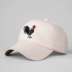 Vintage adjustable baseball cap in pale pink with rooster print for sun protection