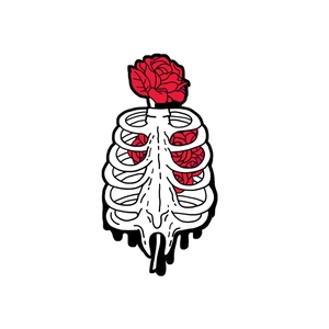 Gothic skull ribcage with red roses vintage illustration brooch in alloy design
