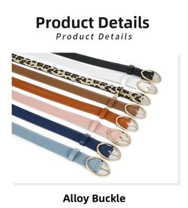Detailed view of leopard print and solid PU leather belts with polished alloy buckles