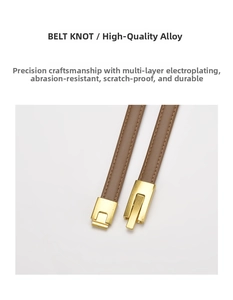 Detail of adjustable brown leather belt showing scratch-resistant gold alloy buckle