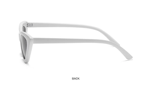 Side view of white cat eye sunglasses showing sleek frame and glossy white temple lines