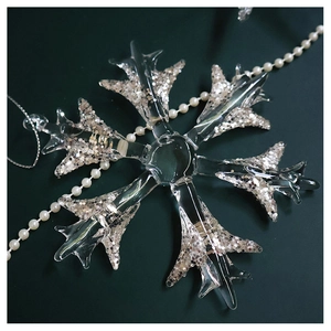 Macro detail of transparent Christmas snowflake ornament with silver glitter inside