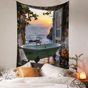 Detail of bohemian sunset beach tapestry hanging as a cozy bedroom backdrop