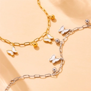 Butterfly Pendant Bracelet Stainless Steel With White Shell Charms And Round Beads Fashion Jewelry For Women Elegant Accessroy