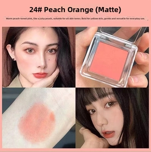 Matte peach orange single blush powder swatch and makeup effect on model skin