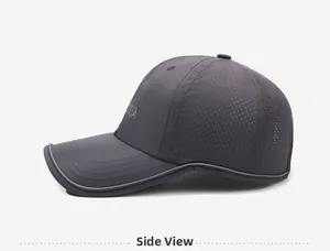 Side view of dark gray mesh baseball cap featuring breathable panels and reflective brim