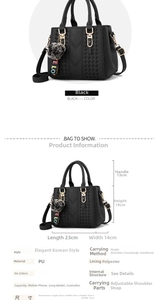 Detailed view of black PU leather handbag with dimensions 23x14x19cm and pompom charm