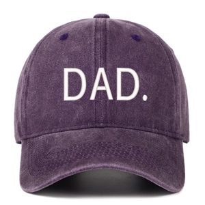 Detailed view of white DAD embroidery on dark purple washed cotton vintage baseball cap