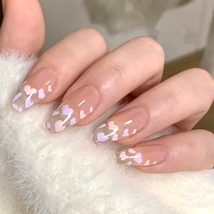 Long Coffin Press On Nails Pink Purple Heart Pattern Glossy Full Cover Removable Fake Nails For Women Girl Sweet Style