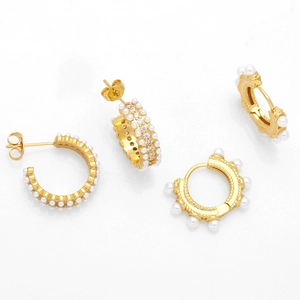 Chic C-shaped gold hoop earrings with white pearls and sparkling cubic zirconia for women