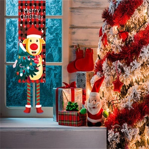 Merry Christmas buffalo plaid door banner with cute reindeer and decorated Xmas tree