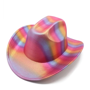 Macro detail of rainbow laser gradient texture on metallic western cowboy party hat