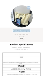 Size chart showing large canvas tote bag dimensions with detailed product specifications