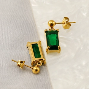 18K gold plated stainless steel stud earrings with rectangular green zircon stones
