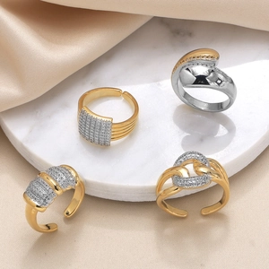 Fashion Adjustable Open Ring Copper Gold Plated Cubic Zirconia Pave Geometric Two Tone Jewelry For Women
