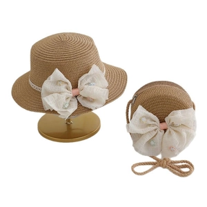Ensemble chapeau de paille et sac avec nœud en dentelle pour enfants pour protection solaire